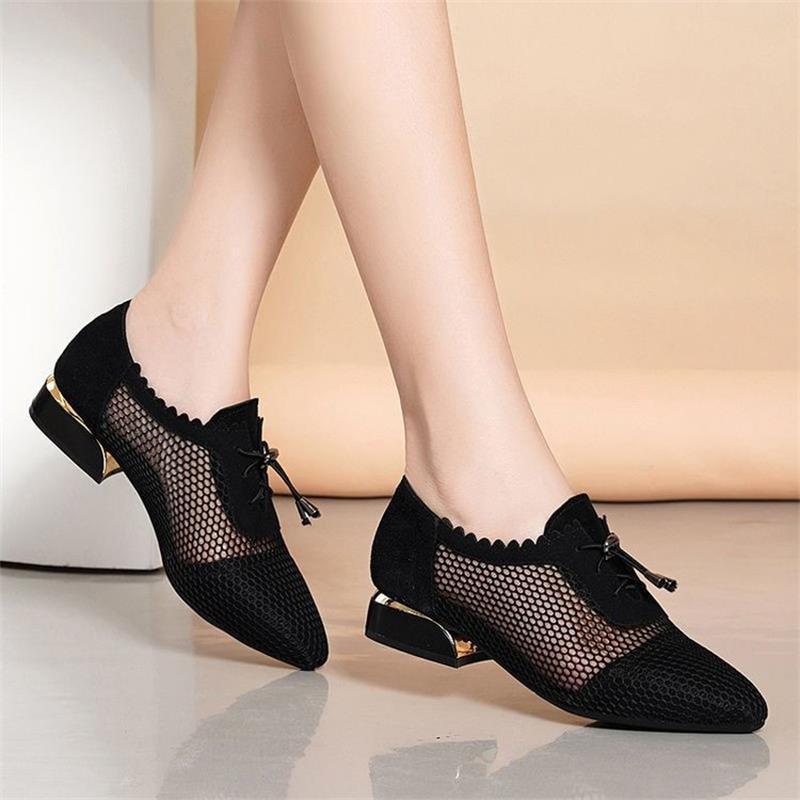 Mesh Sandals Women 2025 New Summer Commuter Hollow Lace-up Low Heel Thick Heel Pointed Mother Single Shoes Sandals Women