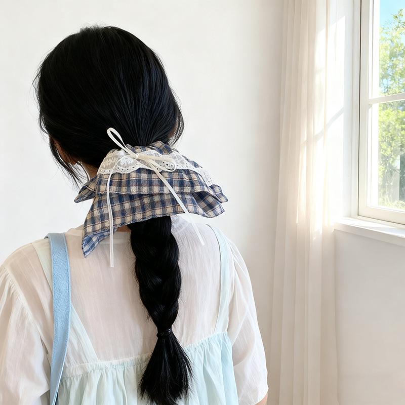 Lace Plaid Bow Scarf Hair Tie for Low Bun Ponytails