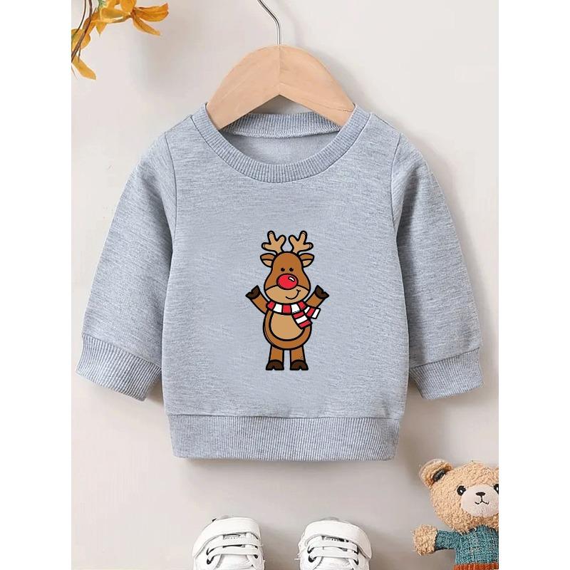 Kids Sweatshirt Christmas Reindeer Print Pattern, Comfortable Thin Crew Neck Sweatshirt for Spring and Autumn