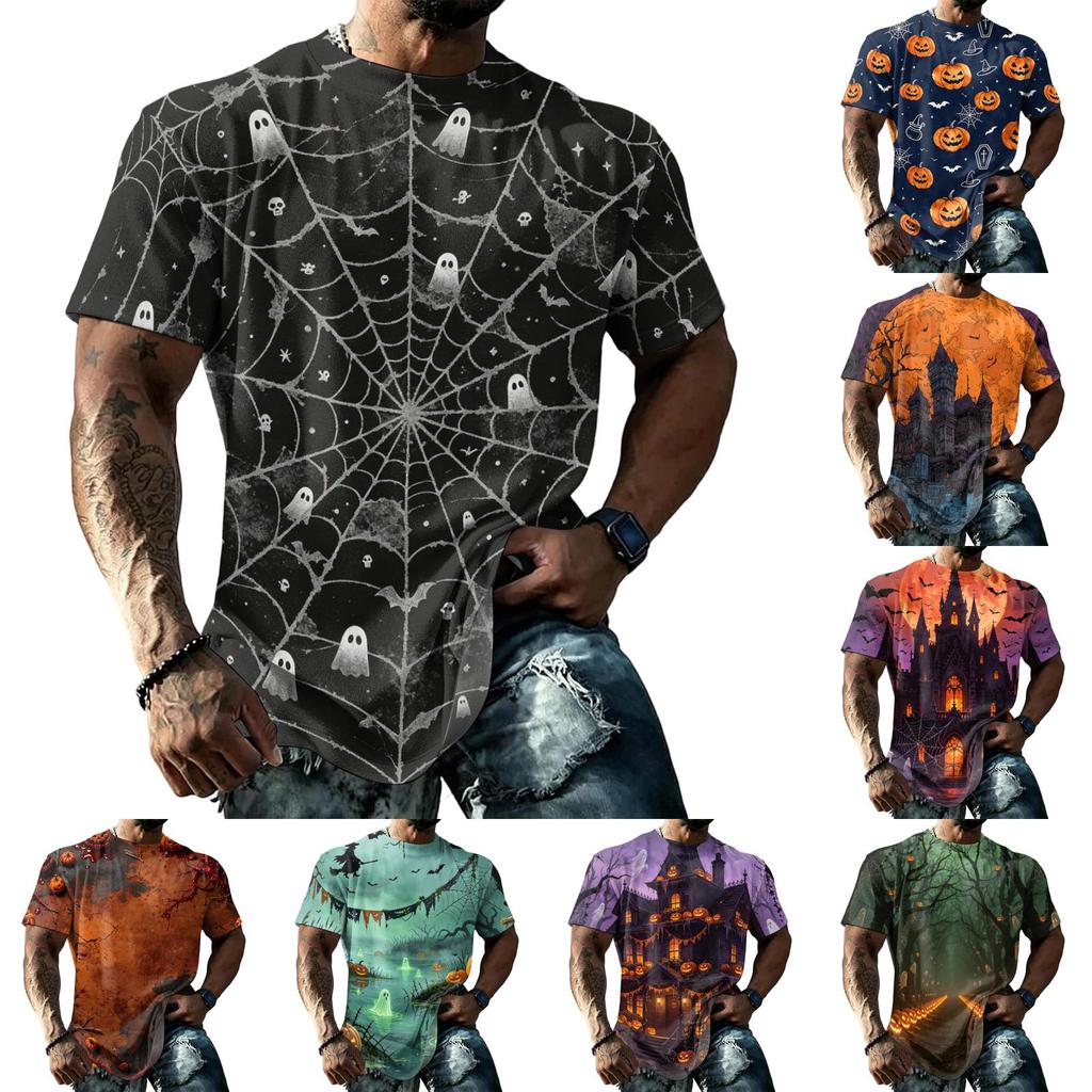 Men's Halloween Printed Retro Texture Short Sleeve T-Shirt, Loose Fit Breathable Summer Streetwear Top