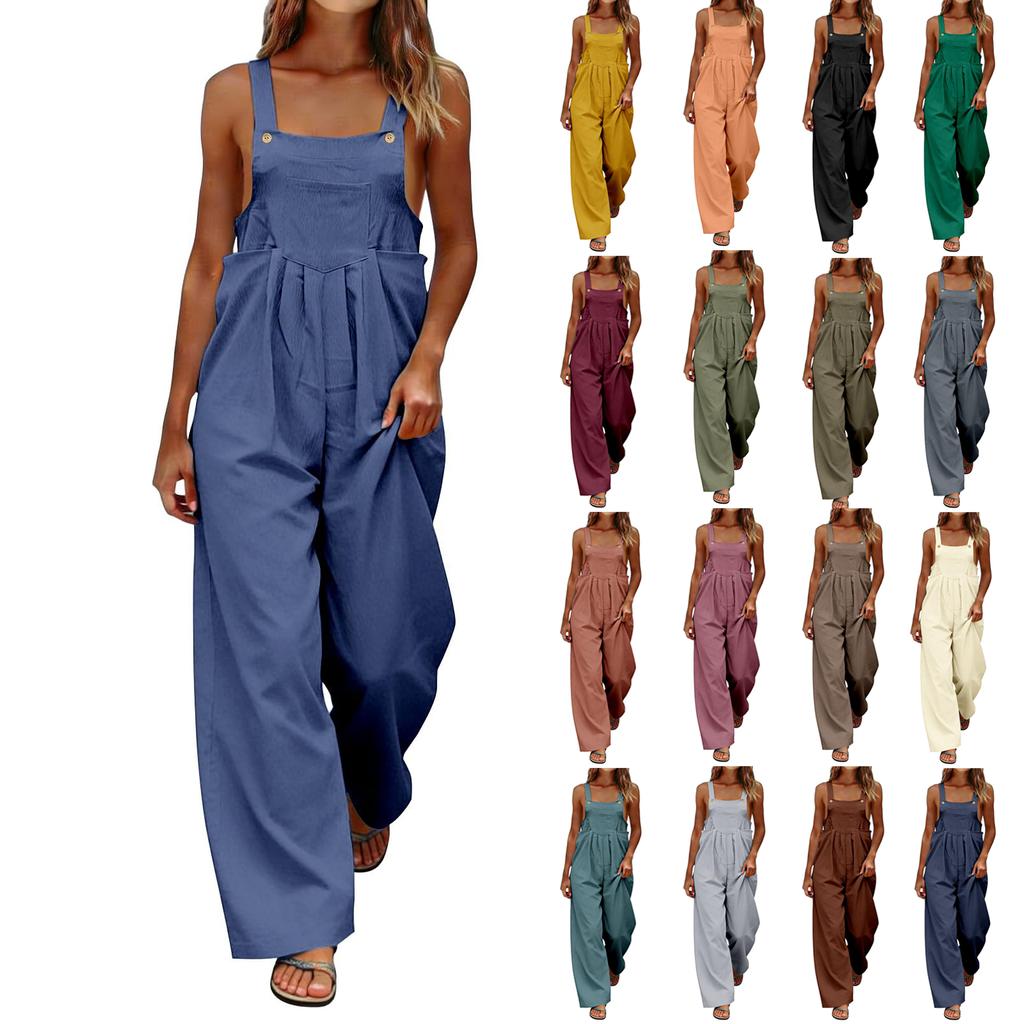 Women's Fashionable Color Sleeveless Casual Wide Leg Loose Jumpsuit With Pocket