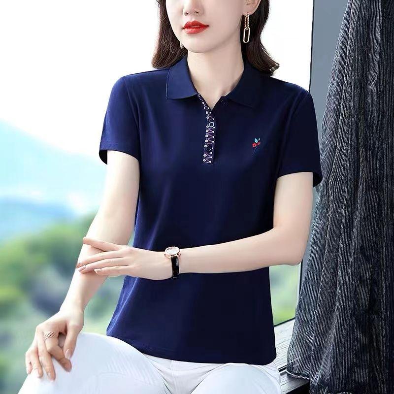 

Женская одежда Новая летняя корейская мода Вышивка Свободные футболки Футболки с коротким рукавом и воротником поло Женские повседневные однотонные топы 5XL синий