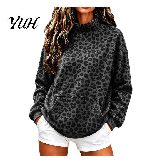 Loose Fit Sweatshirt Women Leopard Print Sweatshirt, Mock Neck Long Sleeve Pullover with Top Kangaroo Pocket, Drop Shoulder Casual for Fall