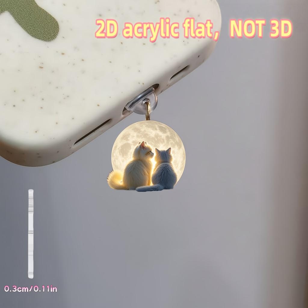 2D Acrylic Cute Cat and Moon Phone Dust Plug, Perfectly Protects the Phone Interface, Phone Accessory Decorative Port Dust Plug