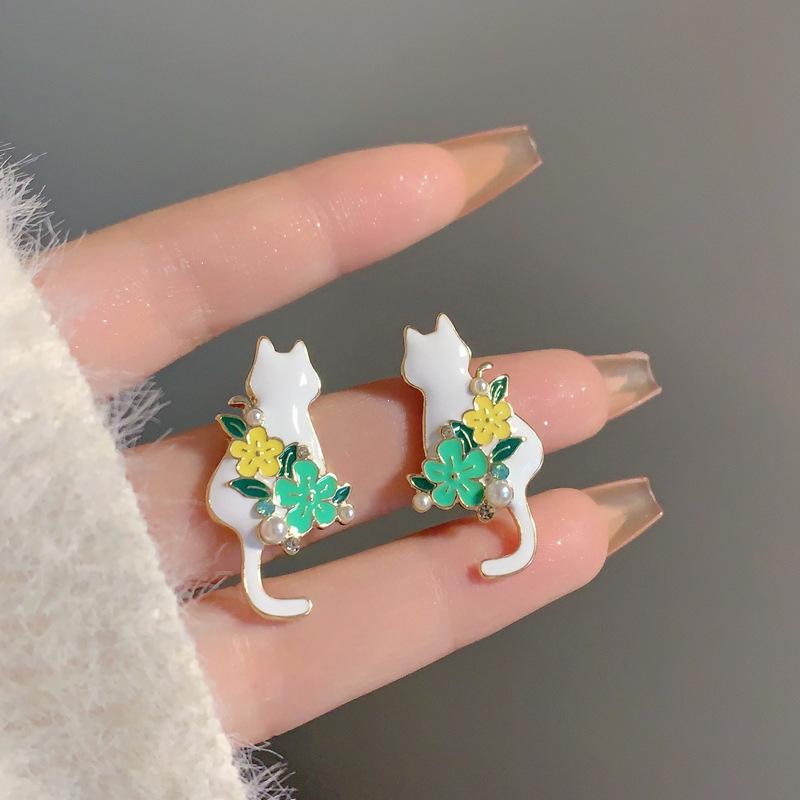Korean Sweet Style Flower & Cat Stud Earrings