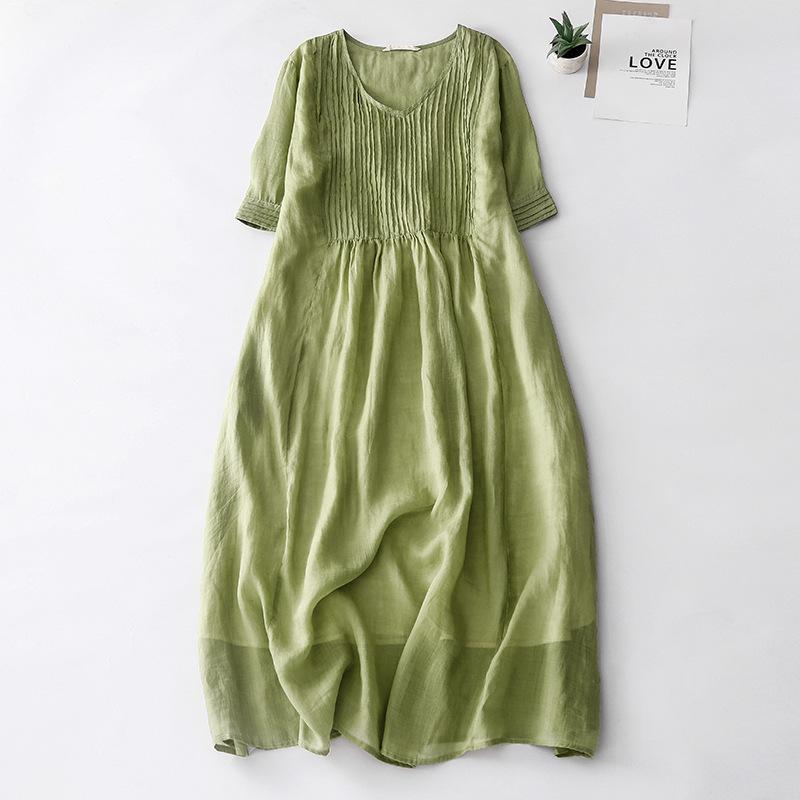 2024 Summer Women's Cotton-Linen V-Neck Pleated Retro Dress