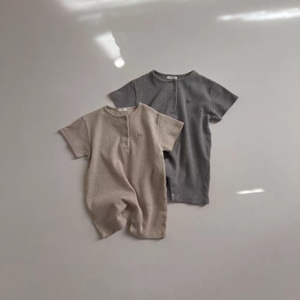 

Korean-Style Round Neck Striped Cotton Romper: Short Sleeve, Unisex Baby Bodysuit for Spring/Summer 90 cm темно-сірий