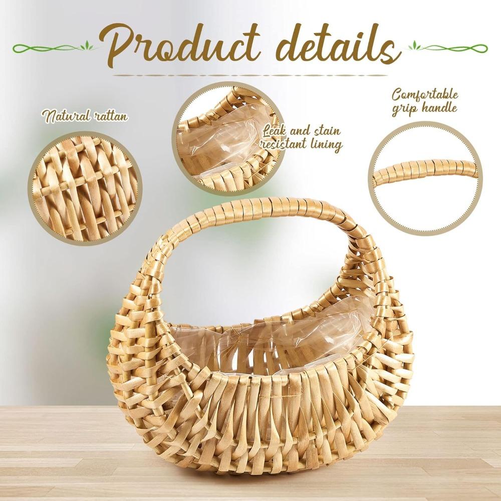 2pcs Rattan Flower Girl Basket Small Half Moon Straw Wicker Basket with Handle Ideal for Wedding Flower Girl Picnic Garden Storage and Home Decor