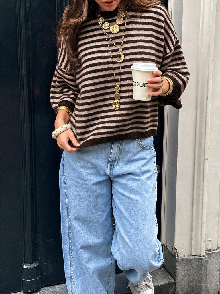 Women's Color Block Horizontal Stripe Knitwear - Casual Loose Batwing Mid-Sleeve Short Pullover Sweater