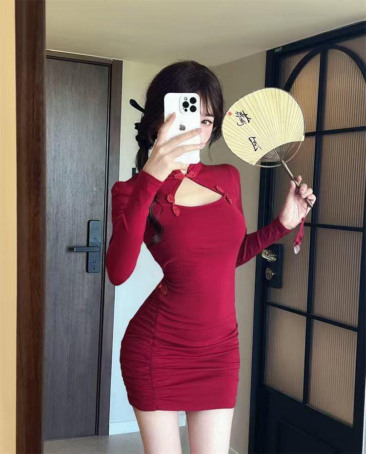 Spring Elegant Long Sleeve Button-Up Cheongsam-Inspired Dress - Pleated, Waist-Cinched, Hip-Hugging Short Skirt for Women