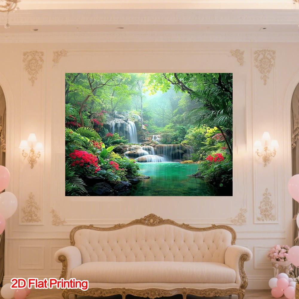 (2D Plane) 1 Piece - A Plump Tropical Forest Waterfall Photography Backdrop Fabric  Made of Polyester  Suitable for Gardens