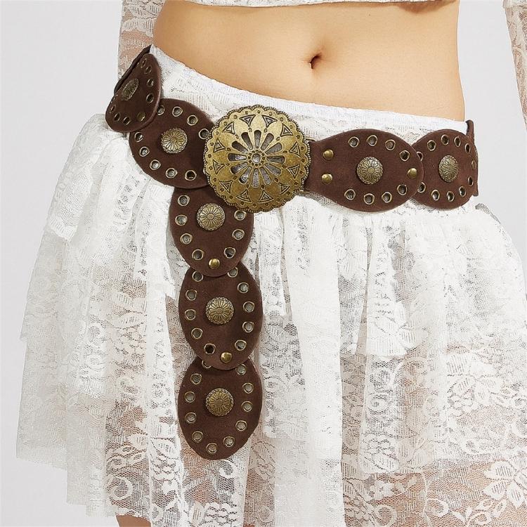 Comfortable Round Disk Waist Belt For Women PU Leather Strap With Ethnic Motifs Everyday Wear