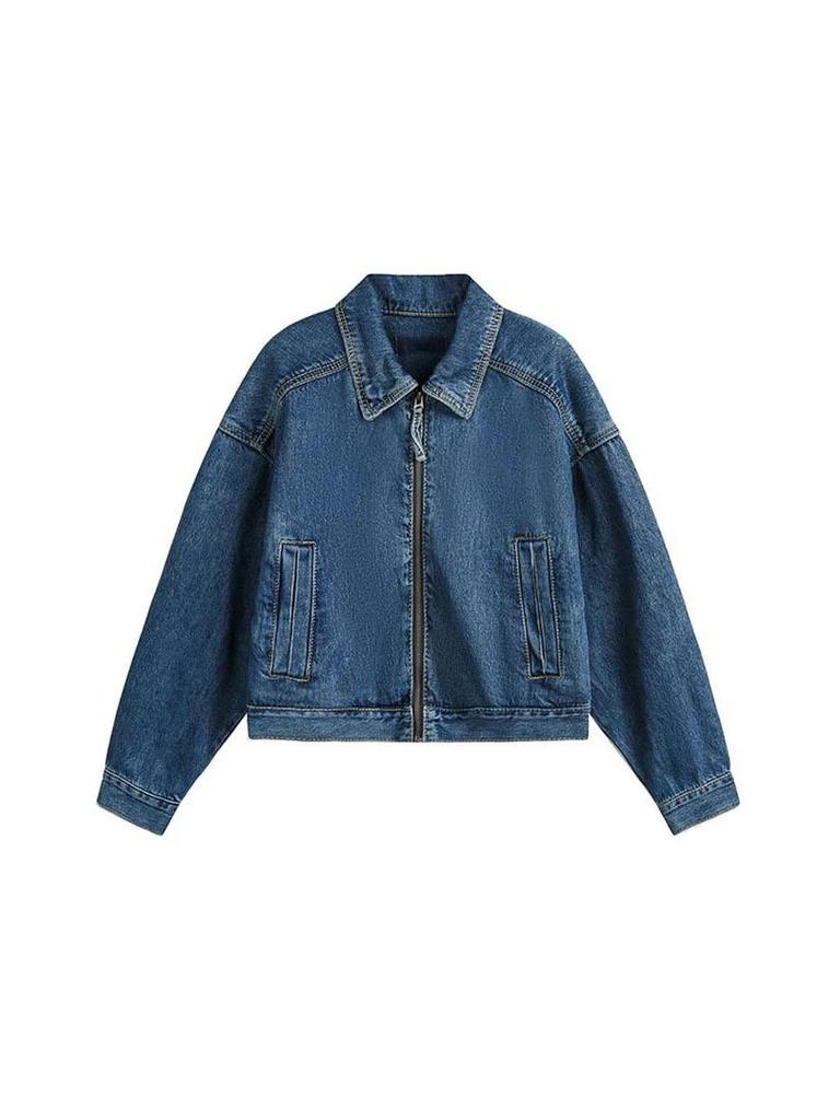 2025 Women's Retro Blue High-Waisted Zip-Up Denim Jacket with Stand-Up Collar