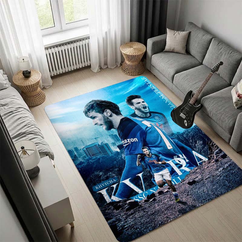 Victor Osimhen Soccer Player Area Rug, Blue Stadium Fire Football Carpet, Non Slip Floor Mat for Living Room Bedroom Soccer Fan Decor