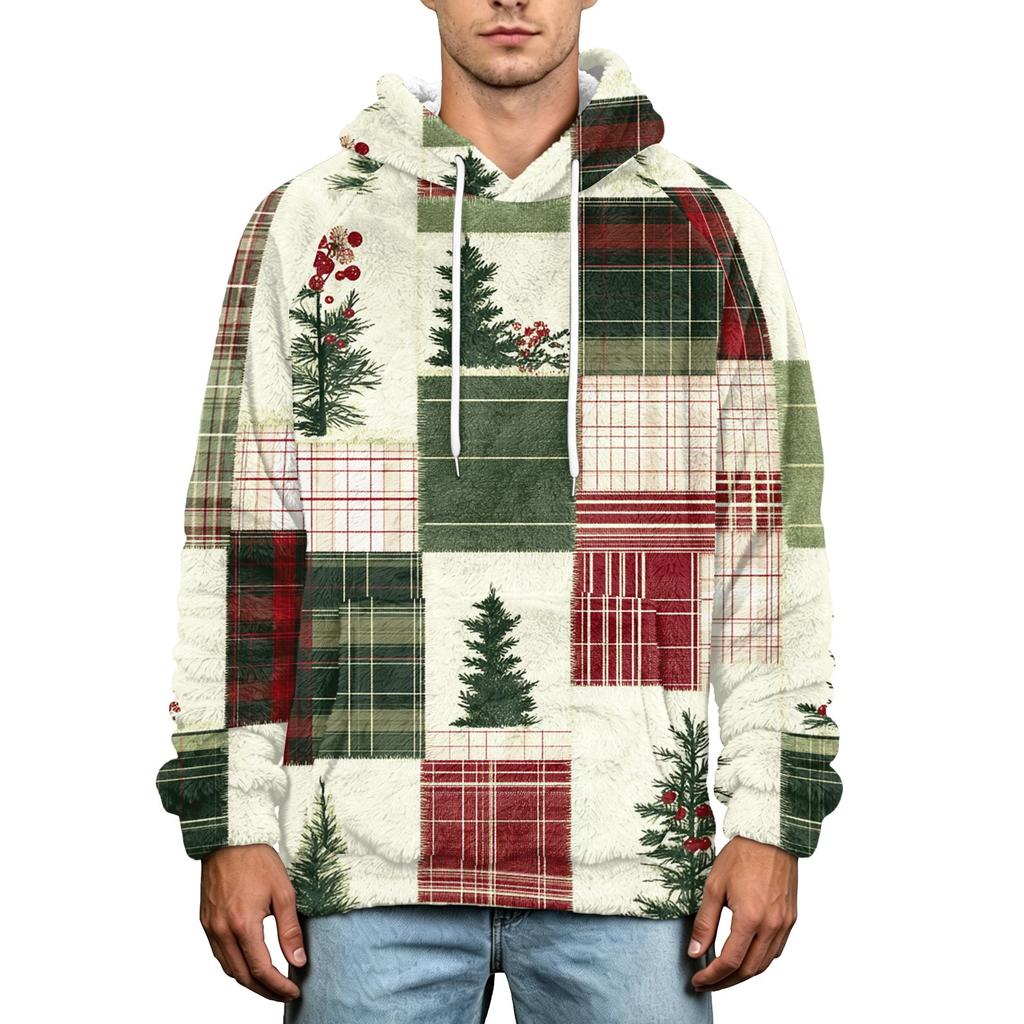 Men's Christmas Print Flannel Hoodie Plus Size Casual Hooded Sweatshirt for Fall and Winter