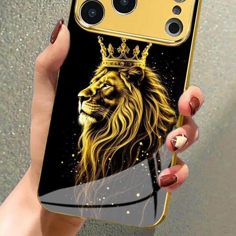 Crown Golden Lion Print Metallic Tempered Glass Phone Case For iPhone 18 17 16 15 14 13 12 11 Pro Max 14 Plus 17 Air 16E Cover
