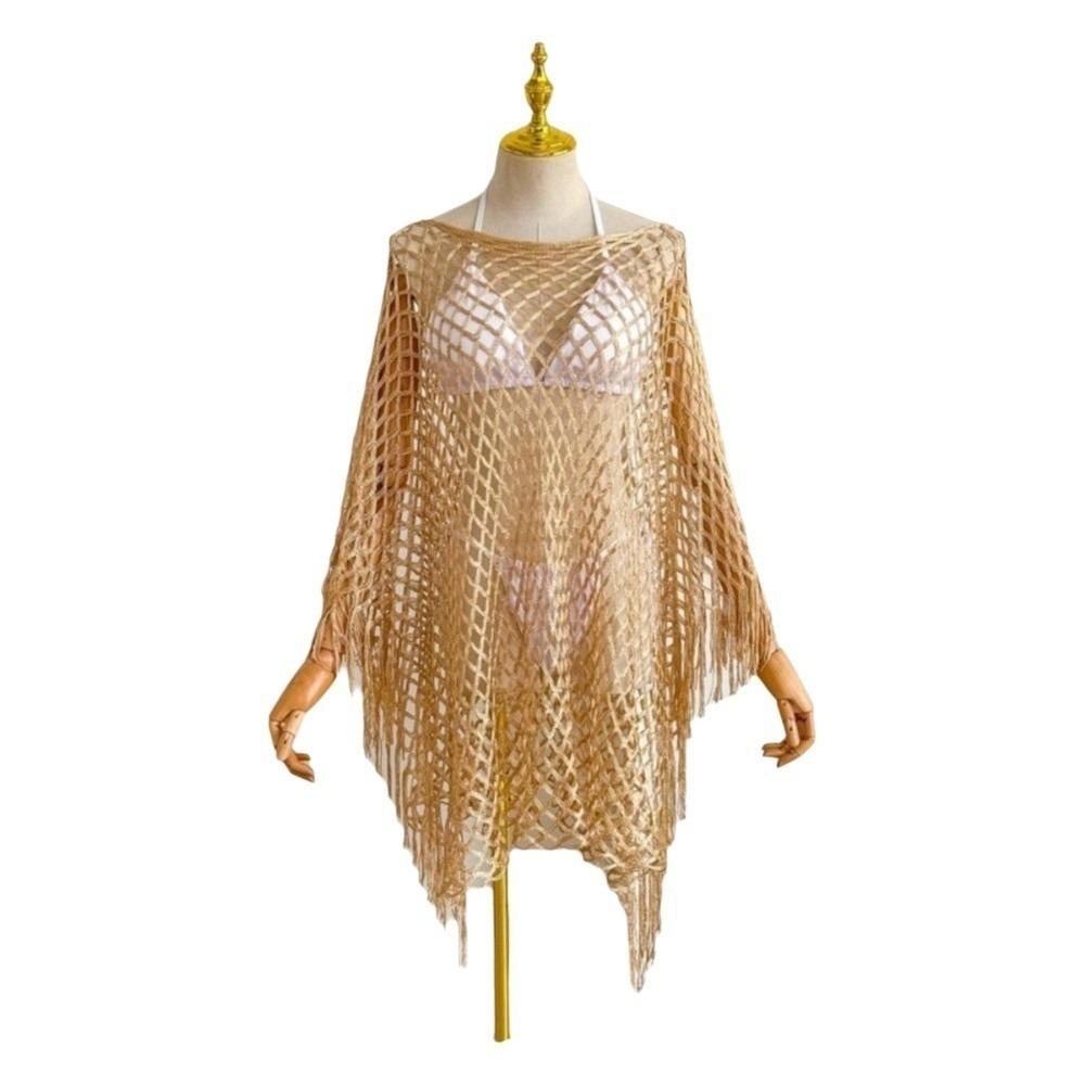 Tassel Sunscreen Cover-up Loose Fit Knit Hollow Out Top Fashion Fishnet Swimsuit Cover Up  Vacation