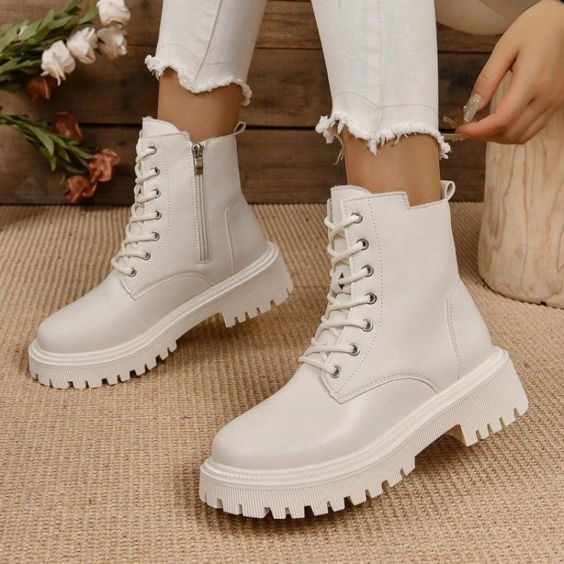 Thick Warm Long Plush Ankle Boots for Women Winter  Lace Up Pu Leather Motorcycle Boots Woman Plus Size Short Booties Shoes