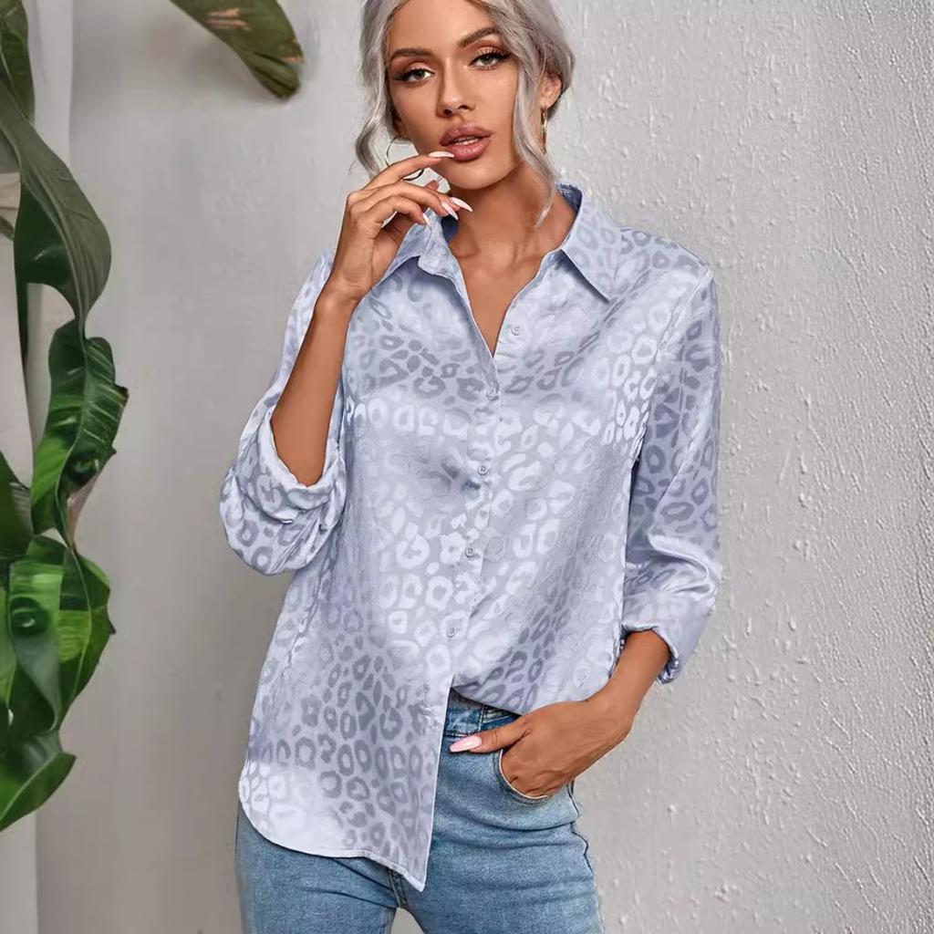 Women's Long Sleeve Lapel Button-up Leopard Jacquard Blouse Elegant Commute Shirt for Leisure