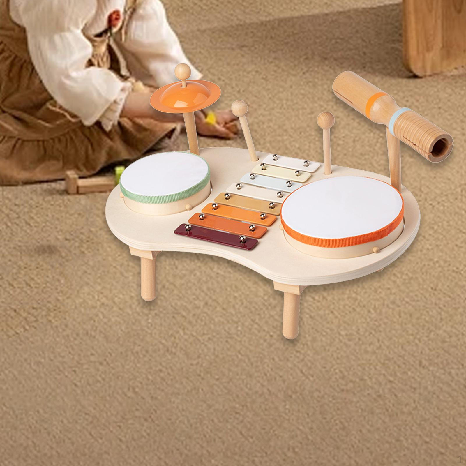Kids Drum Set Musical Instrument Toy Preschool Music Kits Wooden