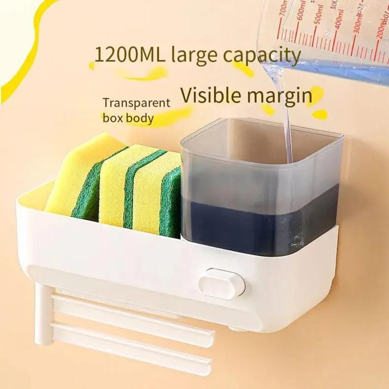 With Drain Tray Wall Mounted Soap Dispenser With Sponges Holder Hand Press Dishwashing Liquid Holder Large Capacity Waterproof