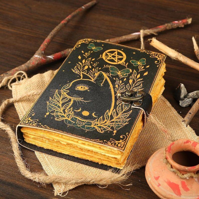 Blank Leather Spell Book: Cat Design Grimoire, Handmade Journal