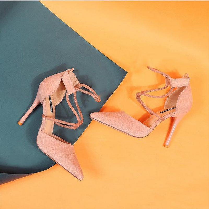 Ny Design Korsband Högklackar ,Mode Sexiga Vårskor ,Dampumpar ,Spetsig Tå ,Svart ,Rosa ,8cm ,Dropship