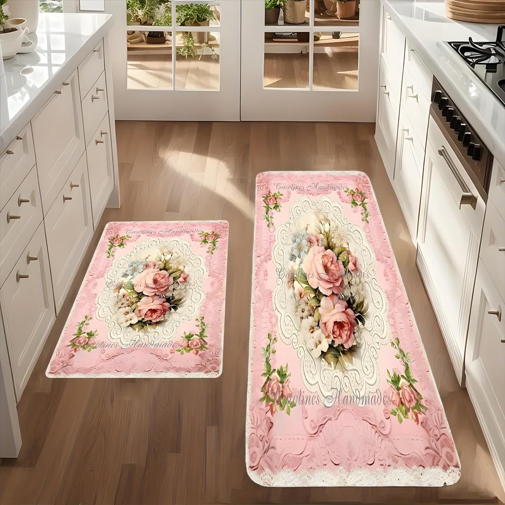 1Pcs Anti Fatigue Kitchen Rugs Pink Floral Print Waterproof Non Slip Thick Cushioned Kitchen Mat Heavy Duty Comfort Standing Mat