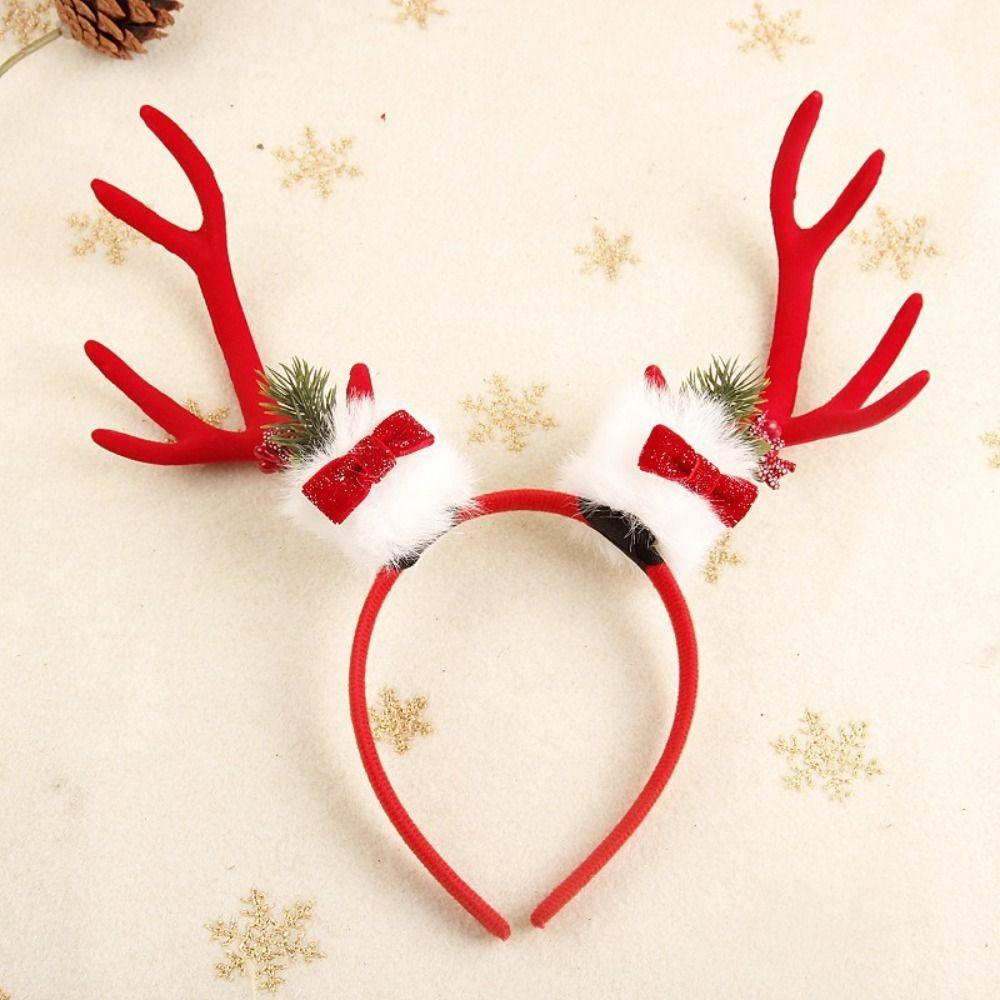 Bowknot Antlers Headband Plush Ball Elk Hair Hoop Cute Deer Horn Hair Band  Festival Decoration