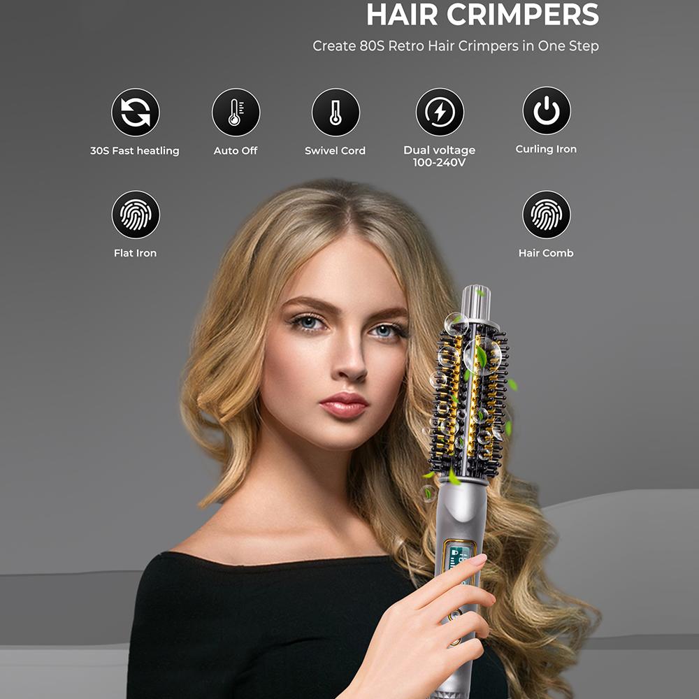 3-In-1 Hair Curler Straightener Anti-Scald Curling Iron Brush Ceramic Ionic Hair Heated Round Brush Electric Curling Wand