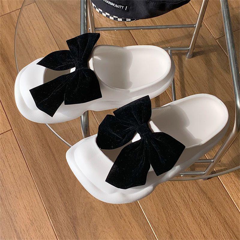 

Fashion Thick With Bow Slides Square Toe Hollow Sandals Stylish 2025 Luxury Shoes for Women High Quality Designer Summer Woman Slippers 40-41