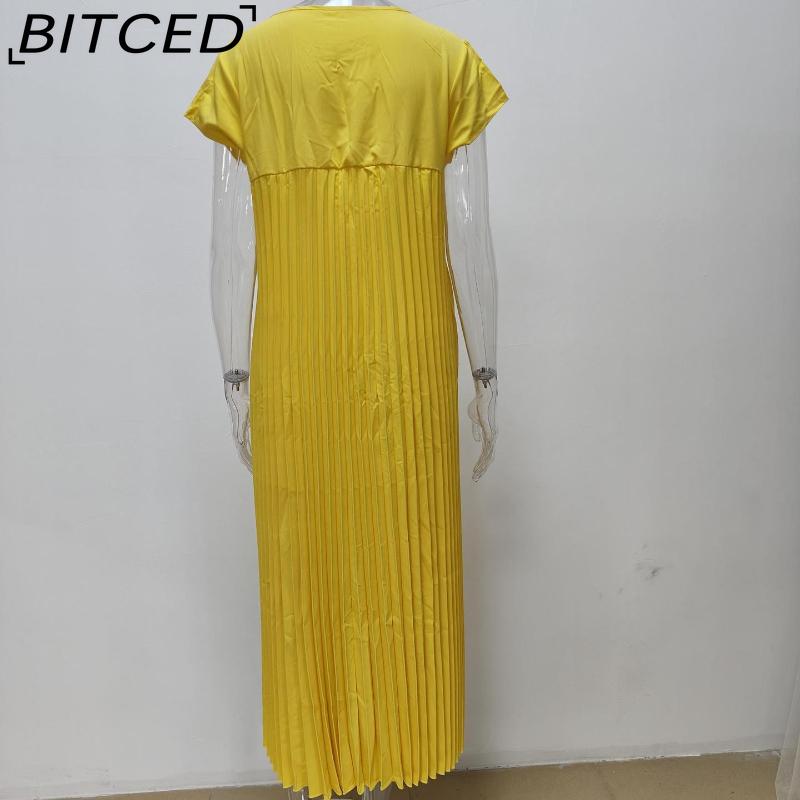 BITCED Herbst Damen Elegantes Mode O-Ausschnitt Ärmelloses Plissee Maxikleid