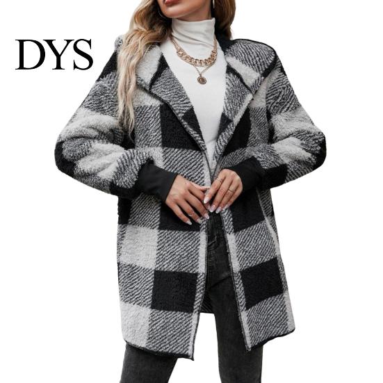 Cardigan Sweater Winter Coat Plaid Print Hooded Thick Windproof Open Stitch Knit Outerwear Mid Length Fuzzy Plush Jacket for School Travel Fall