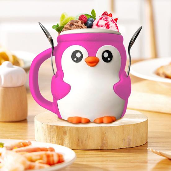 Ice Cream Pint Holder 3D Printed Penguin Ice Cream Pint Cozy with Handle And Spoon Leak Proof Popsicle Cozy Beer Can Cup Sleeve