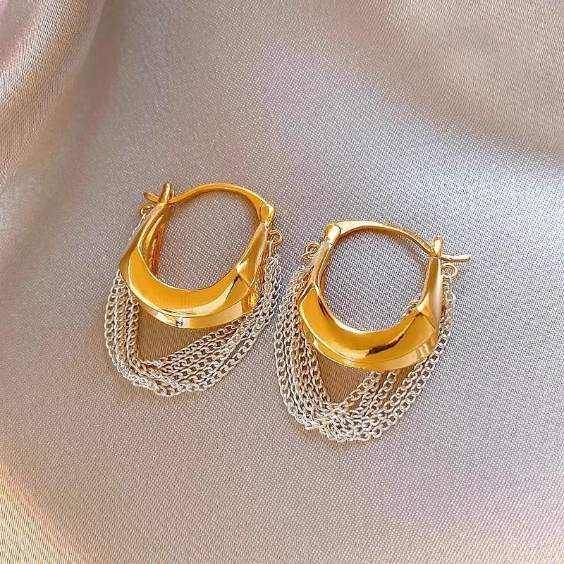 Fashion chain fringed earrings, new popular high-end gold and silver contrasting colors, retro earrings, exaggerated ear buckles