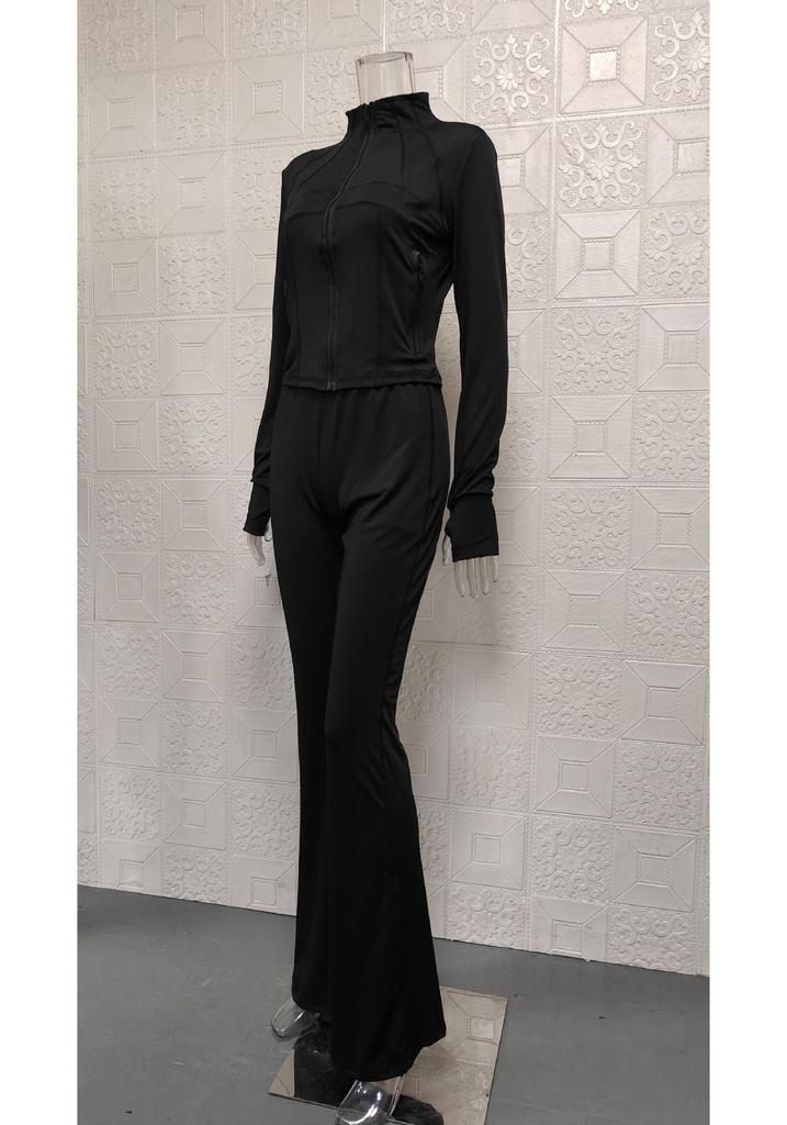 Spring/Summer 2025 Women's Sexy Two-Piece Set: Tight Long Sleeve Top and Bell Bottom Pants - Sporty and Casual