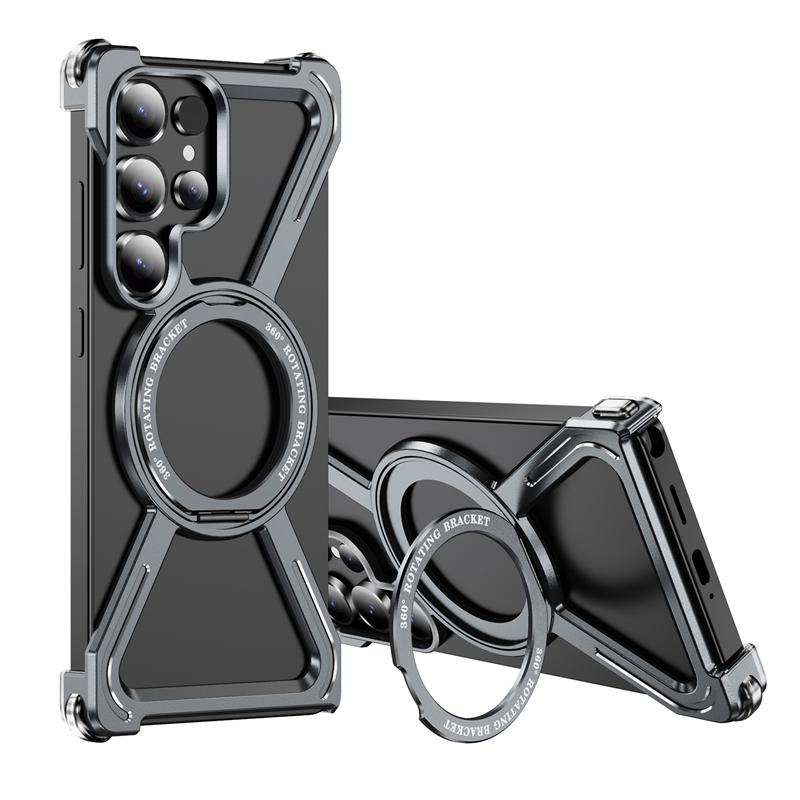 For Samsung Galaxy S25 S24 S23 Ultra Metal Magnetic Phone Case Aluminum Alloy Frameless 360° Rotating Bracket Shockproof Cover