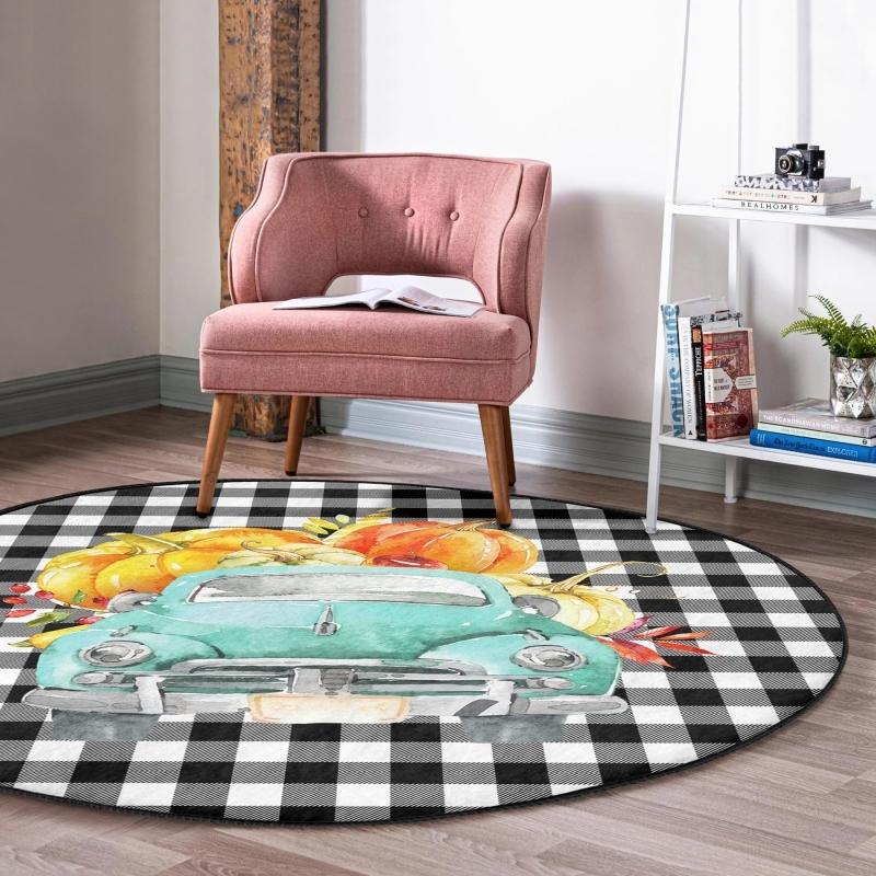 

Black White Plaid Design Pumpkin Car Modern Color Outdoor Round Carpet With Washable Non-Slip Base