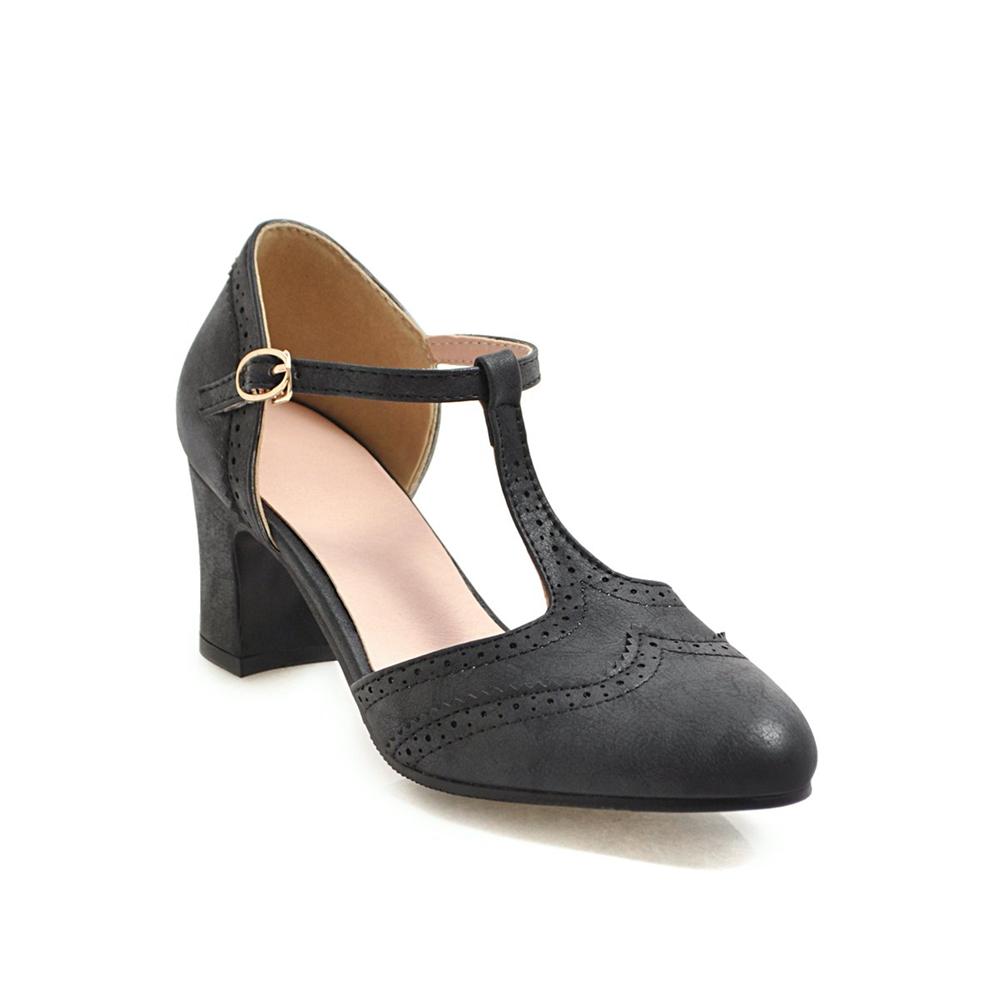 Fashion 2025 Vintage PU Leather Women's Shoes Rome Style Splice Pointed Toe Buckle T-strap Ladies High Pumps Plus Size 32-43