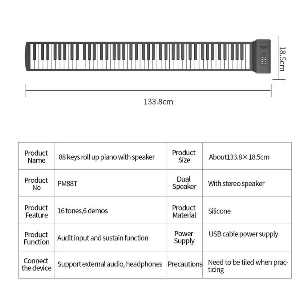 Btuty Electronic Hand Roll Silicone Folding Piano with No MIDI Travel Piano for Beginners Roll-Up Piano, 88-Key Piano, Built-in Speaker, Function,