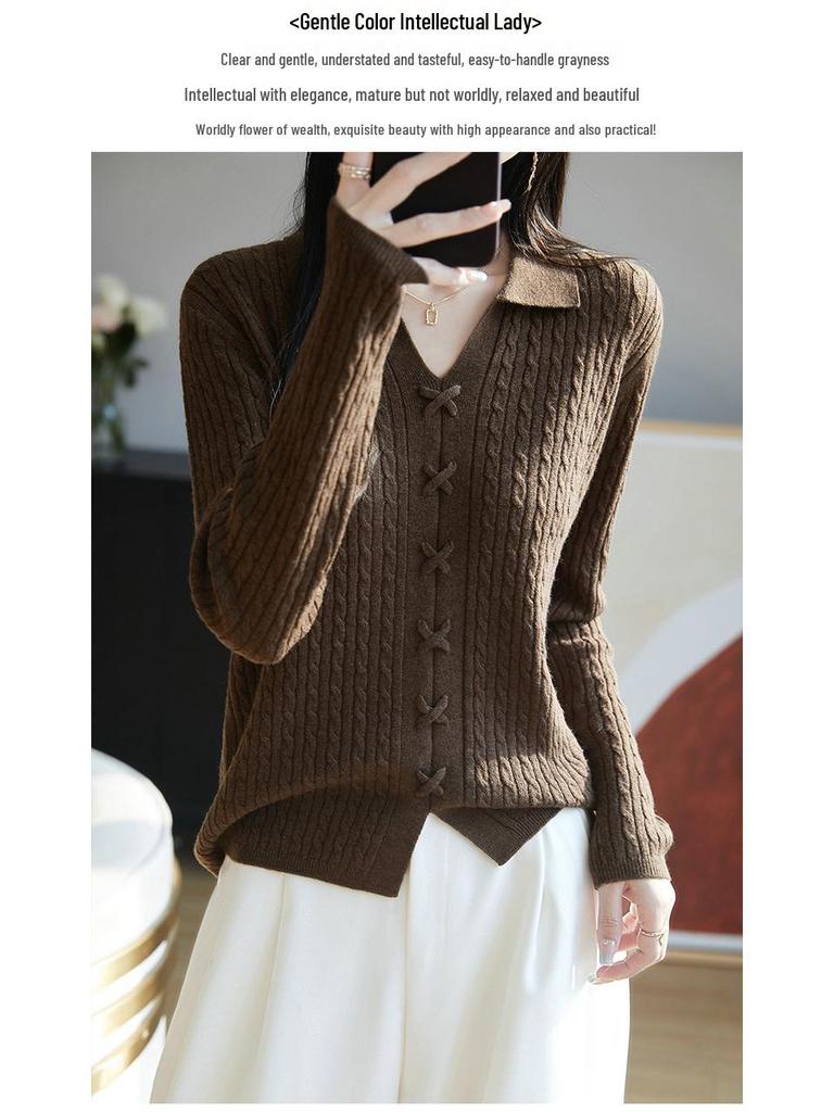 2025 Spring Women's Loose Lapel Pure Wool Cable Knit Sweater