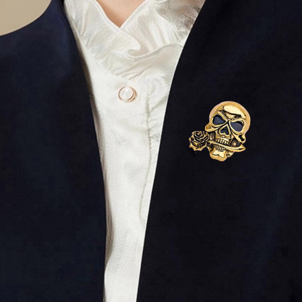 Unique Gothic Rose Skull Brooch for Men Rebellious Alloy Lapel Pin for Suits Jackets and Casual Outfits