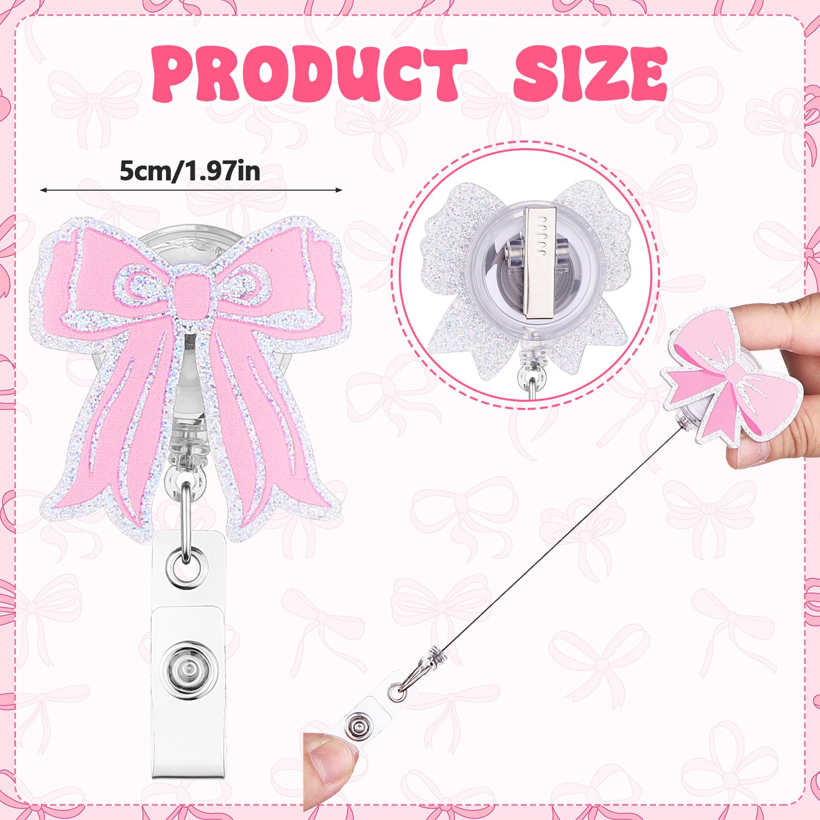 

6Pcs Pink Bow Badge Reel Cute Id Badge Holder Clip Sparkly Bow Badges Reels Retractable Nurse Name Badge Holder Clip Accessories рожевий