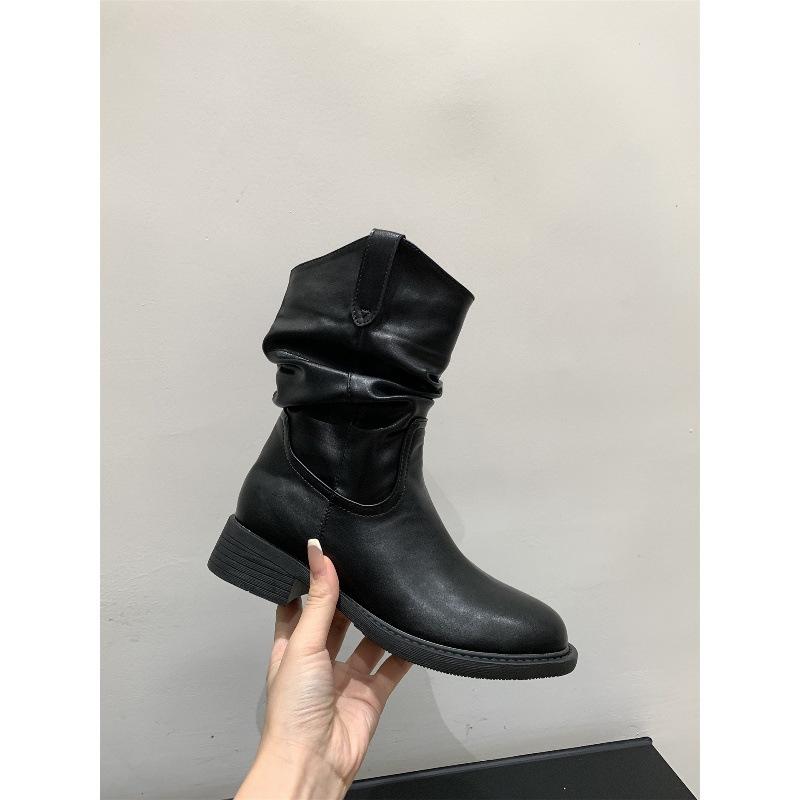 Thick-soled V-mouth Thin Medium Boots Women's Shoes Spring and Autumn Single Boots Western Cowboy Pile Short Boots Martin Boots
