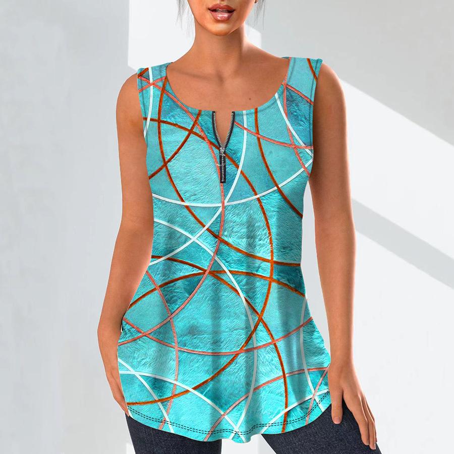 Damenmode V-Ausschnitt Shirts Casual Tops T-Shirt Damen 3D Golden Line Print Weste Übergröße Ärmellose Bluse Tanktops