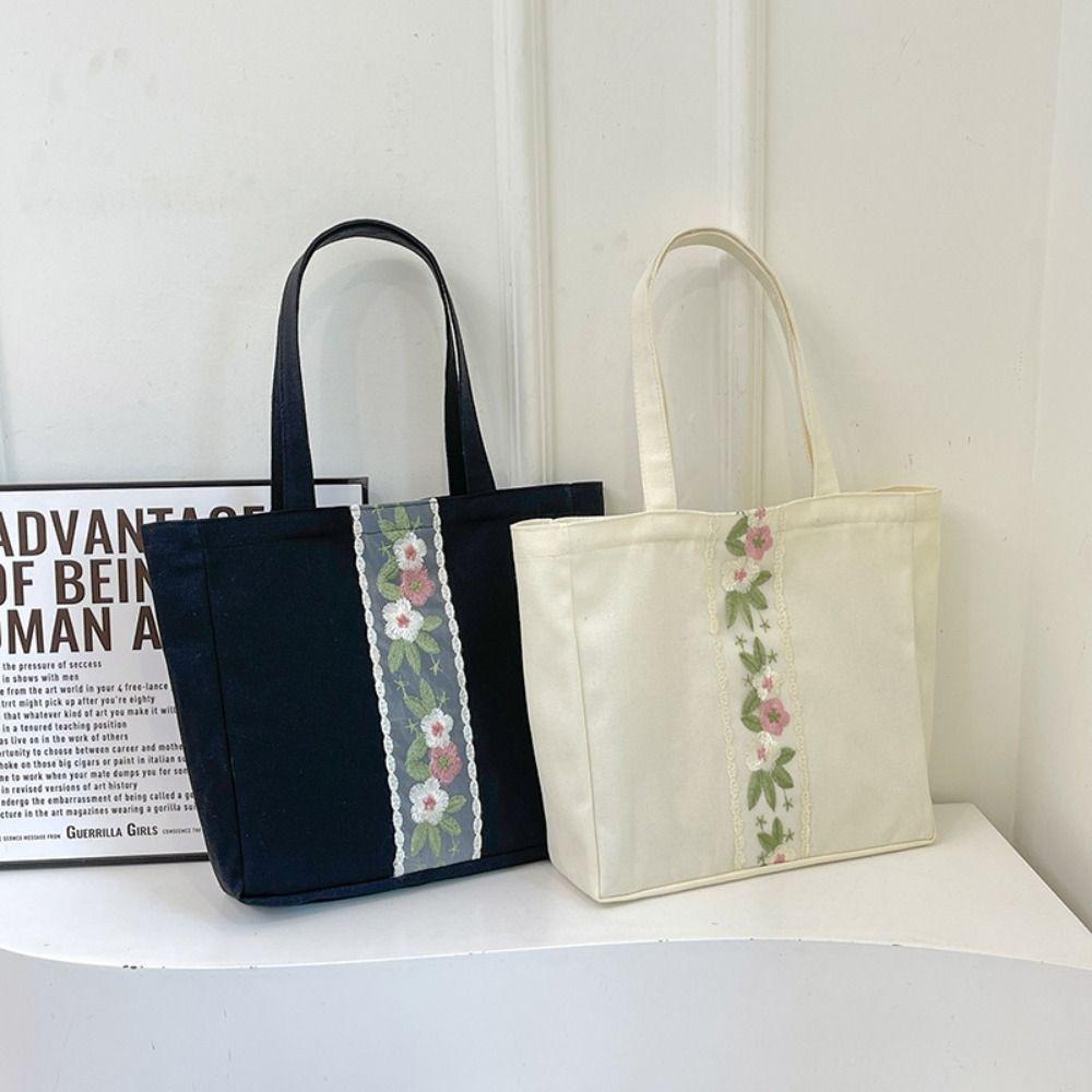 

Zipper Flower Shoulder Bag Balletcore Canvas Handbag Sweet Embroidery Tote Bag Students чорний