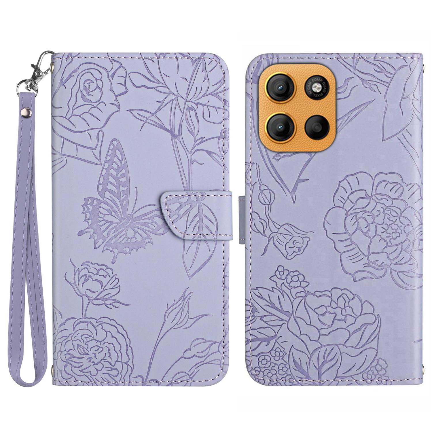 

For Motorola Moto G15 4G Case Leather Phone Cover with Strap,Butterfly Flower Imprint Purple
