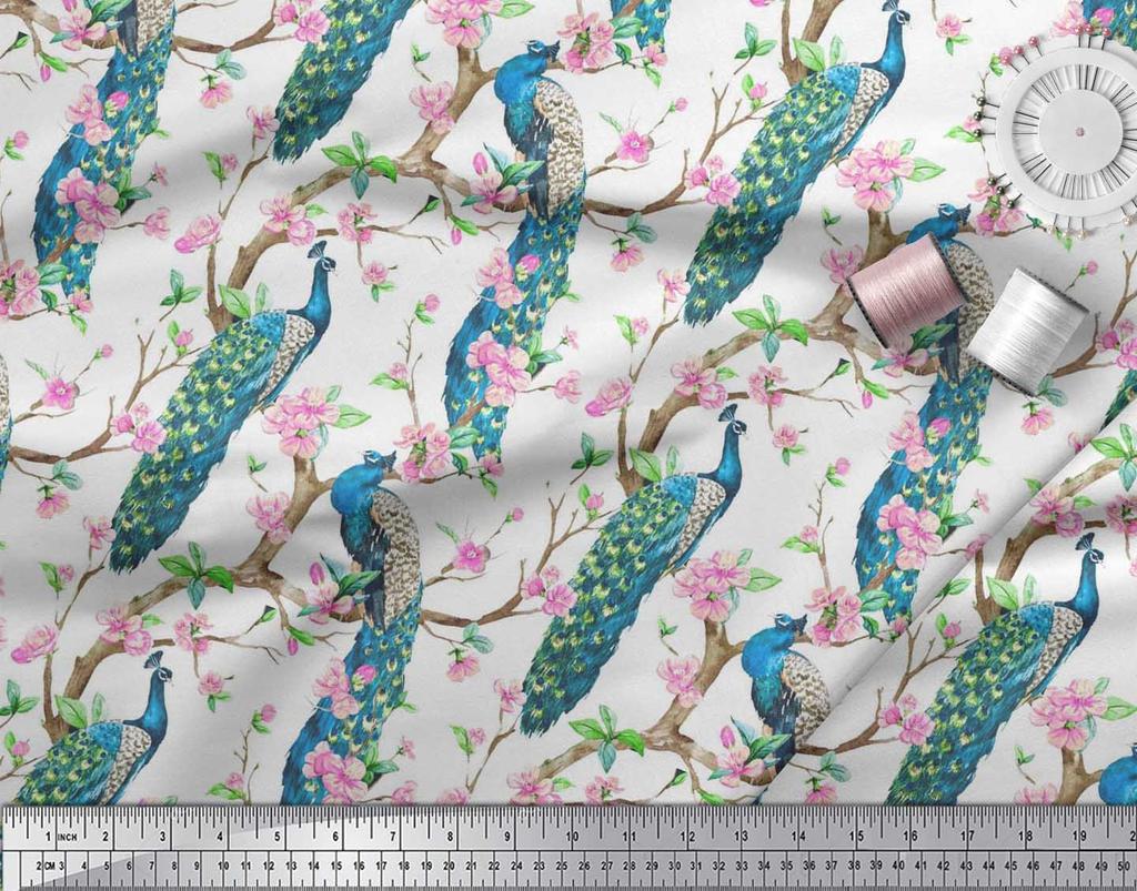 Soimoi Black Poly Crepe Fabric Pink Flower|Branch & Peacock Bird Print Fabric by the Yard 42 Inch