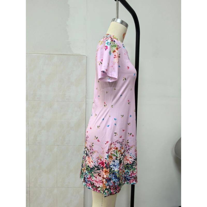 Women Floral Print V Neck Short Sleeve High Waist Fitted Bodycon Midi Dress