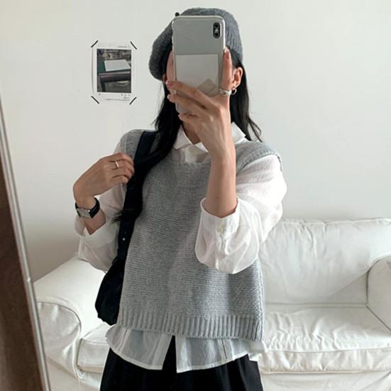 Women Knitted Vest Round Neck Sleeveless Crop Tank Back Bow Tie Decor Hollow Back Solid Color Sweater Vest